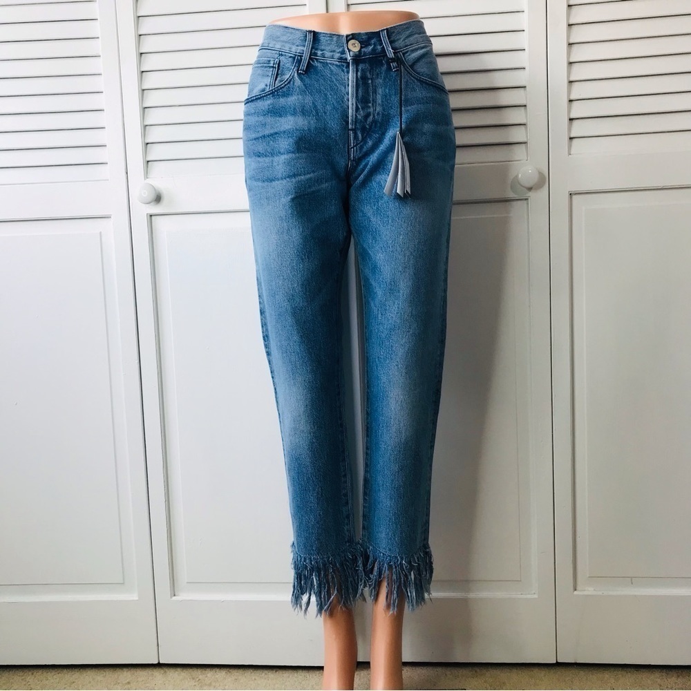3x1 NYC Stella Straight Crop Fringe Blue Jeans Size 26